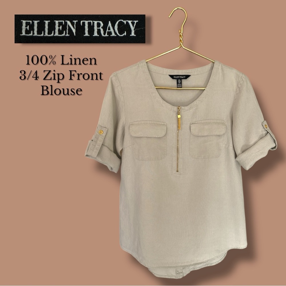 Ellen Tracy 100% Linen Top With 3/4‎ Zip Front Short Sleeve